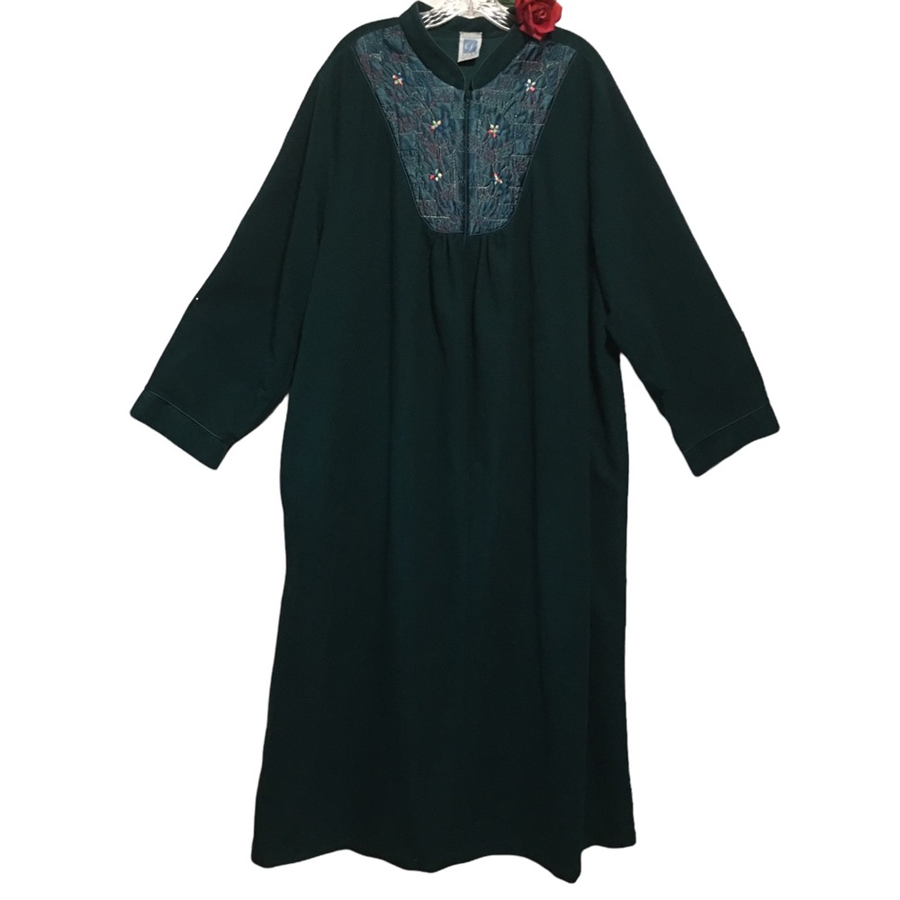 Vtg robe Pure Luxury Full Figure velour zips quilted Emb green EUC